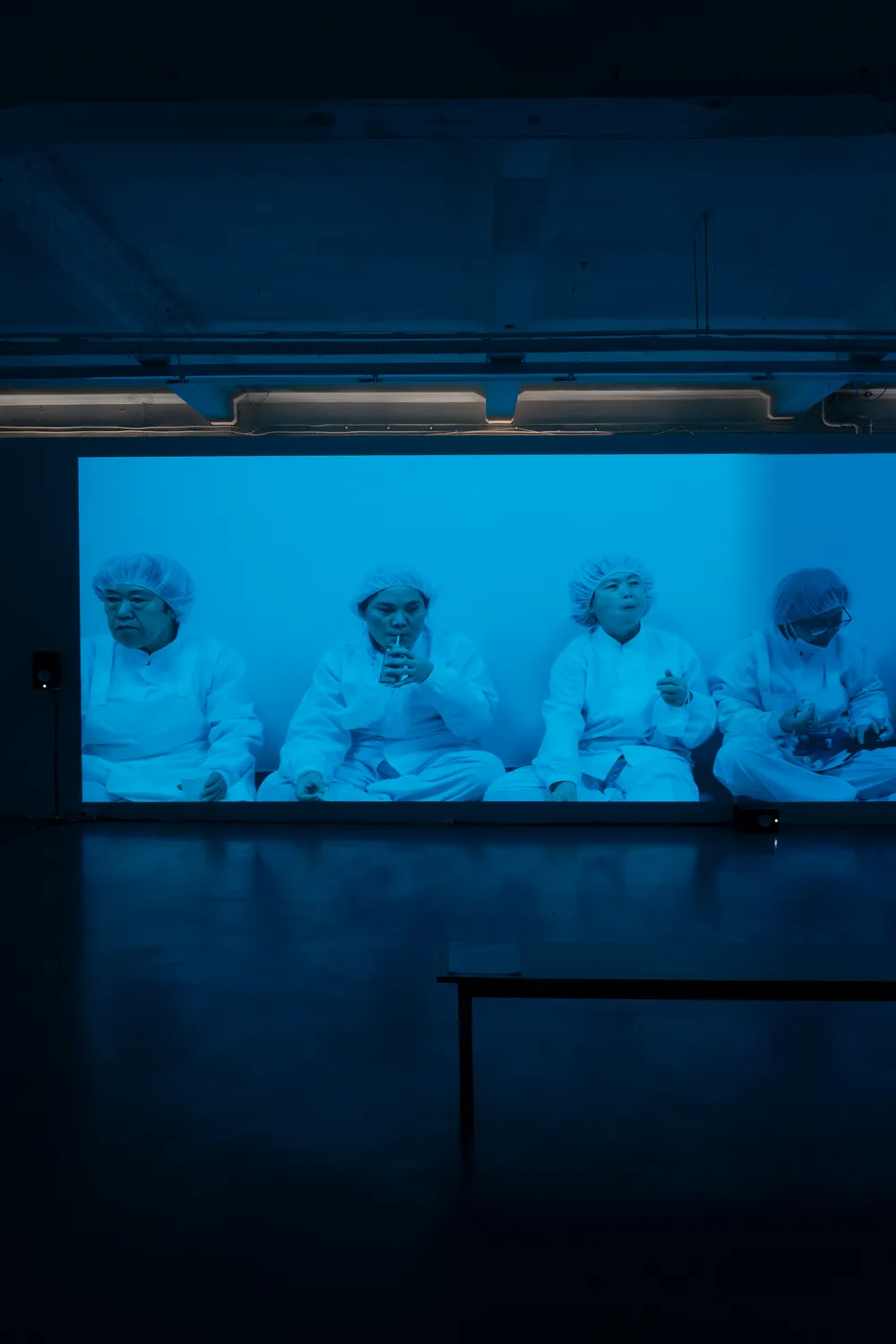 The wide projection seen from the dark room, a bench in front