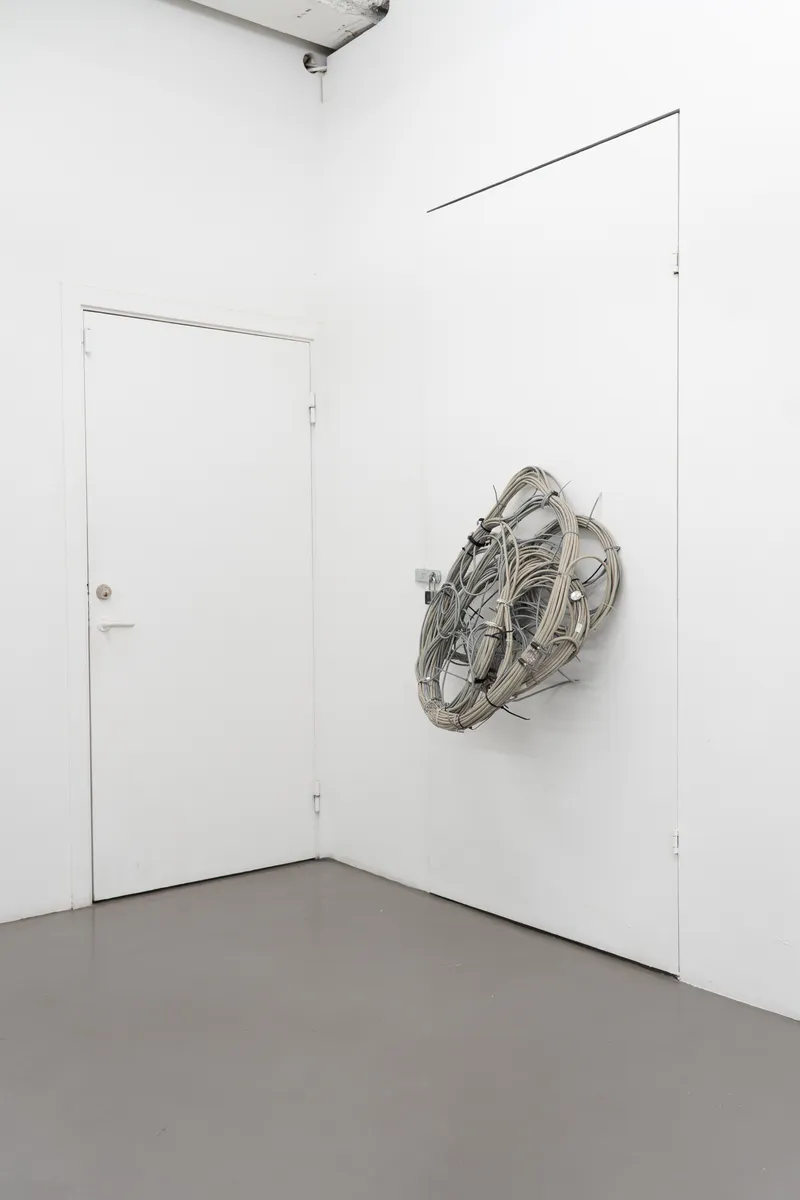 A coil of cables hanging on a white wall next to a door