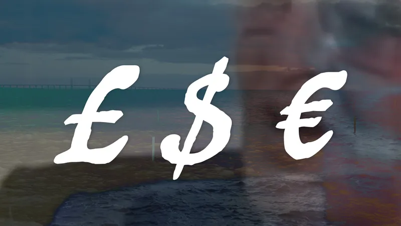Film still: pound, dollar and euro signs over the sea at Malmö, the Öresund bridge on the horizon