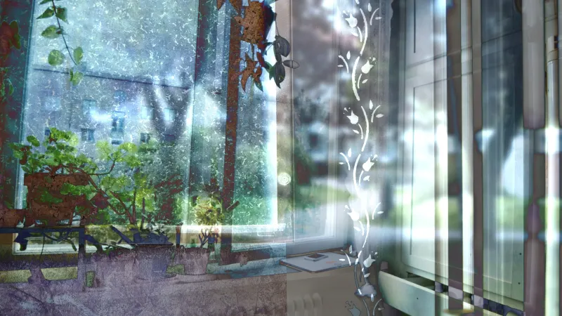 Film still: layered image of a window with house plants, a lace curtain and blocks of flats outside