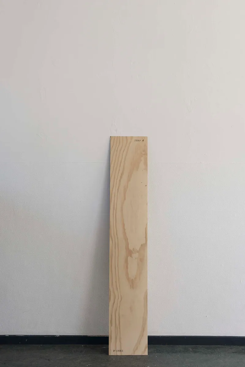 A plank of plywood leaning against a white wall