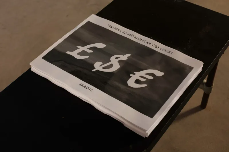 A stack of scripts on a black bench, the cover printed with pound, dollar and euro signs and the word Skripts