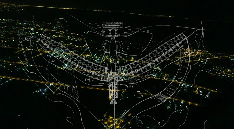 Lúcio Costa's plan of Brasília drawn over the lights of the city at night