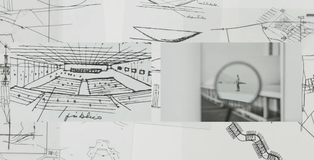 Sketches for Brasília spread on a table, a magnifying glass over a photograph of a figure on a bridge
