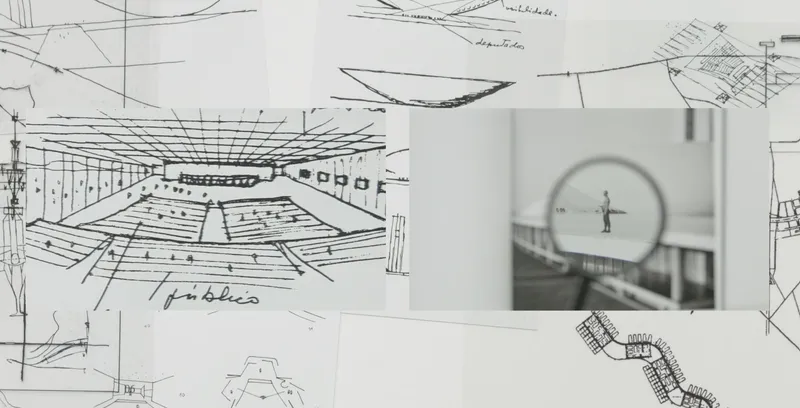 Sketches for Brasília spread on a table, a magnifying glass over a photograph of a figure on a bridge