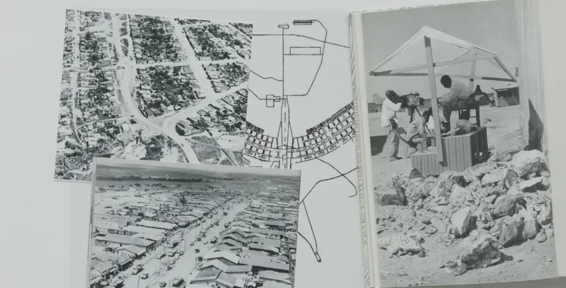 Aerial photographs of early Brasília and a photograph of a market stall, laid around a sketch of the city plan
