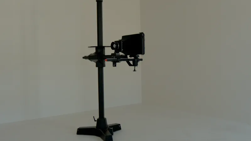 A reproduction camera on a stand in a white studio