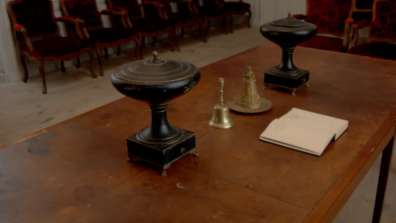 A wooden table with two black urns, a bell and an open book