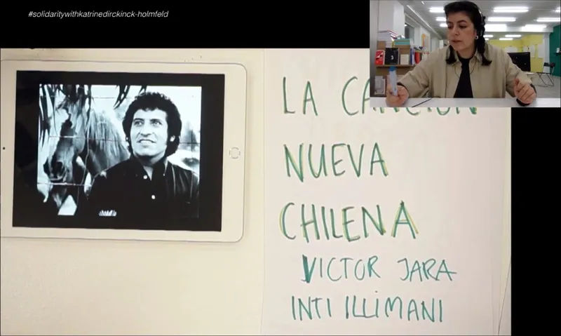 Live stream: an iPad showing a photo of Víctor Jara next to handwritten notes on La Canción Nueva Chilena
